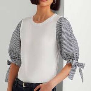 Lauren Ralph Lauren Black Label Jersey Puff Sleeve T-Shirt Striped Tie Sz XL